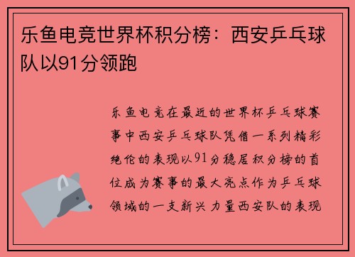 乐鱼电竞世界杯积分榜：西安乒乓球队以91分领跑