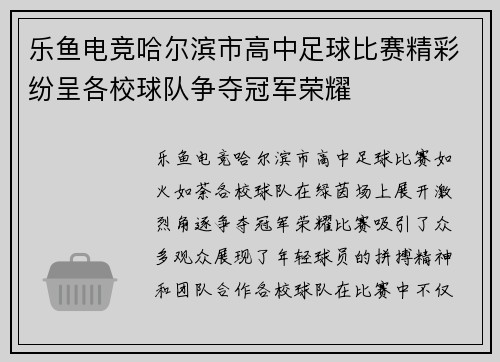 乐鱼电竞哈尔滨市高中足球比赛精彩纷呈各校球队争夺冠军荣耀