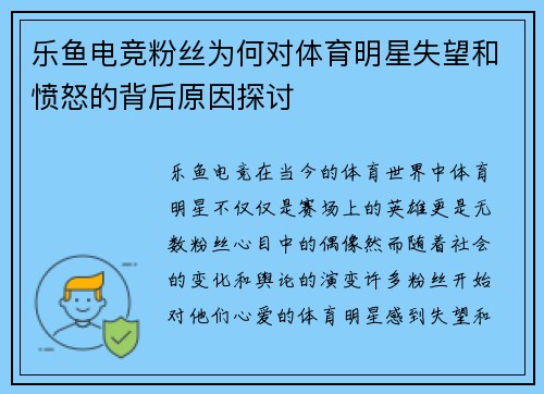 乐鱼电竞粉丝为何对体育明星失望和愤怒的背后原因探讨