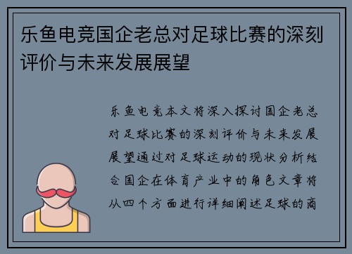 乐鱼电竞国企老总对足球比赛的深刻评价与未来发展展望