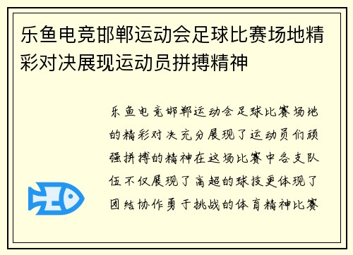 乐鱼电竞邯郸运动会足球比赛场地精彩对决展现运动员拼搏精神